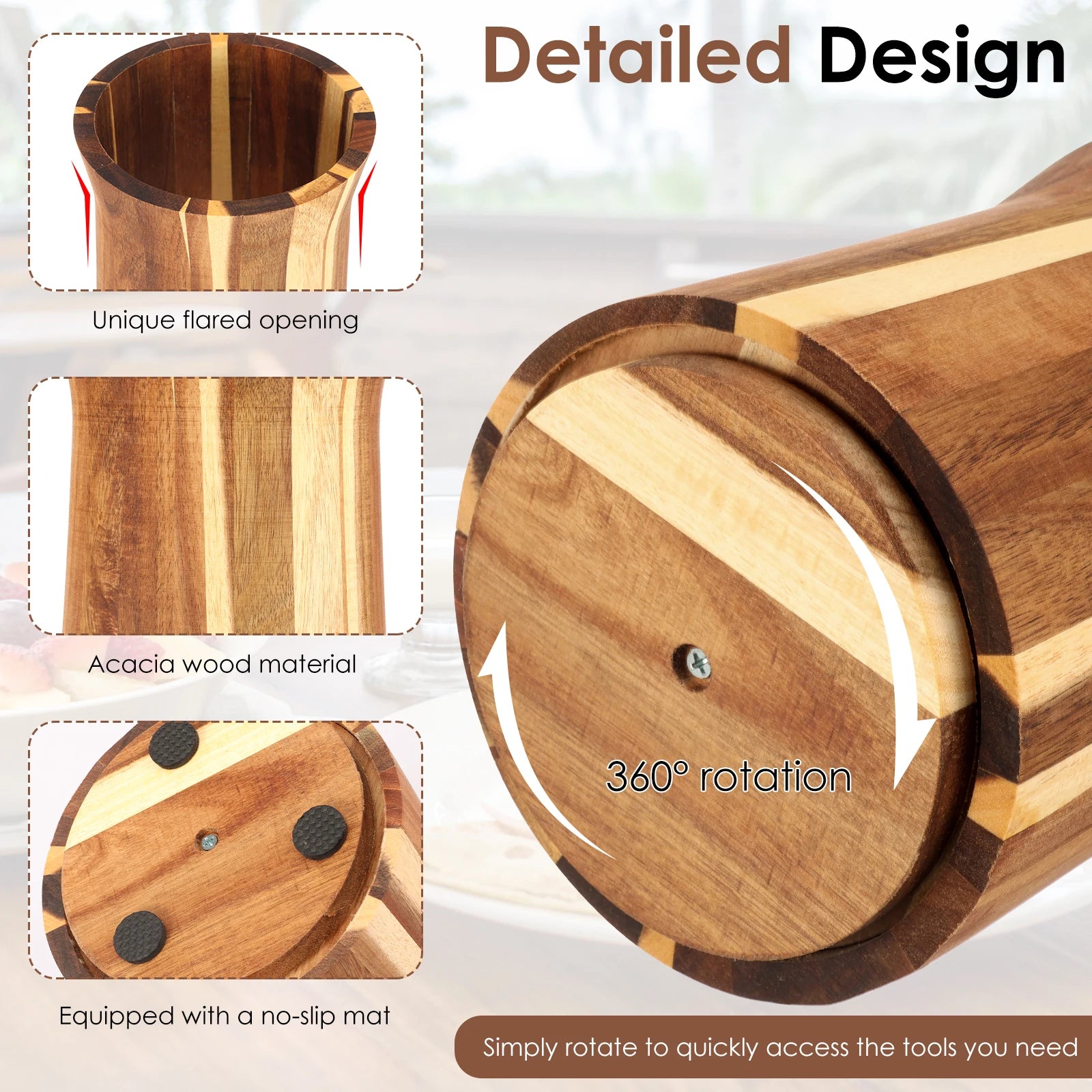 360° Rotating Acacia Wood Utensil Holder – Countertop Kitchen Tool Organizer