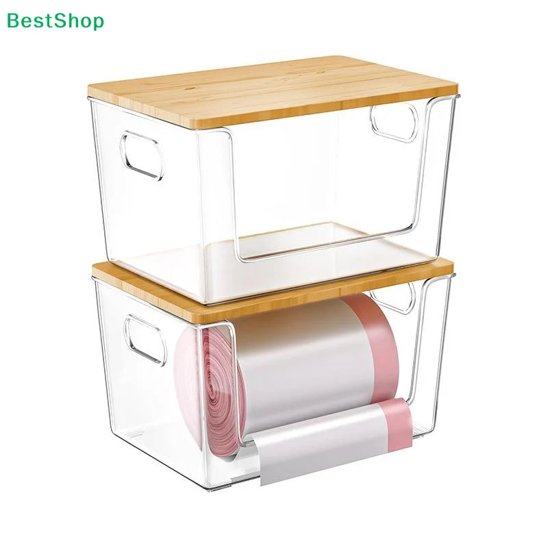 Stackable Pantry Organizers With Wooden Lids Kitchen Storage Clear Bins Under Sink Organizer For Onion Potato Fruit Vegetables