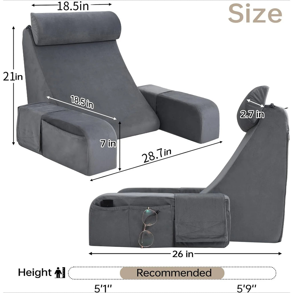 Reading Pillow with Armrests & Pockets – 45° Back Support Pillow for Bed