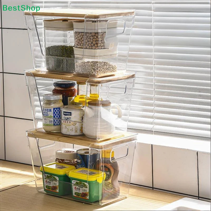 Stackable Pantry Organizers With Wooden Lids Kitchen Storage Clear Bins Under Sink Organizer For Onion Potato Fruit Vegetables