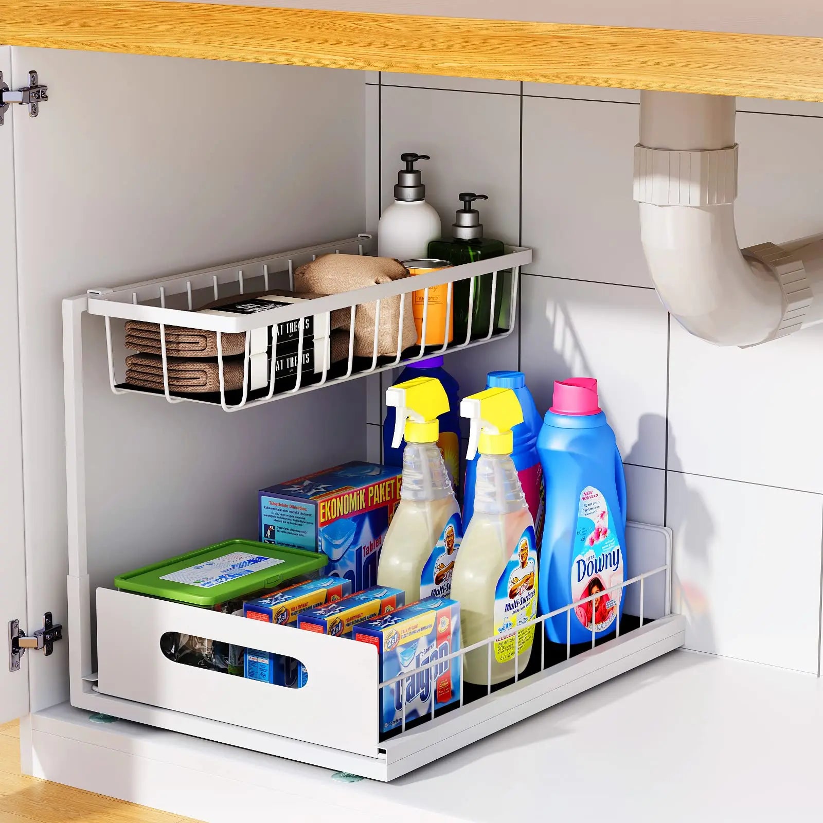 Under Sink Organizer – 2-Tier Sliding Pull-Out Cabinet Basket for Kitchen & Bathroom
