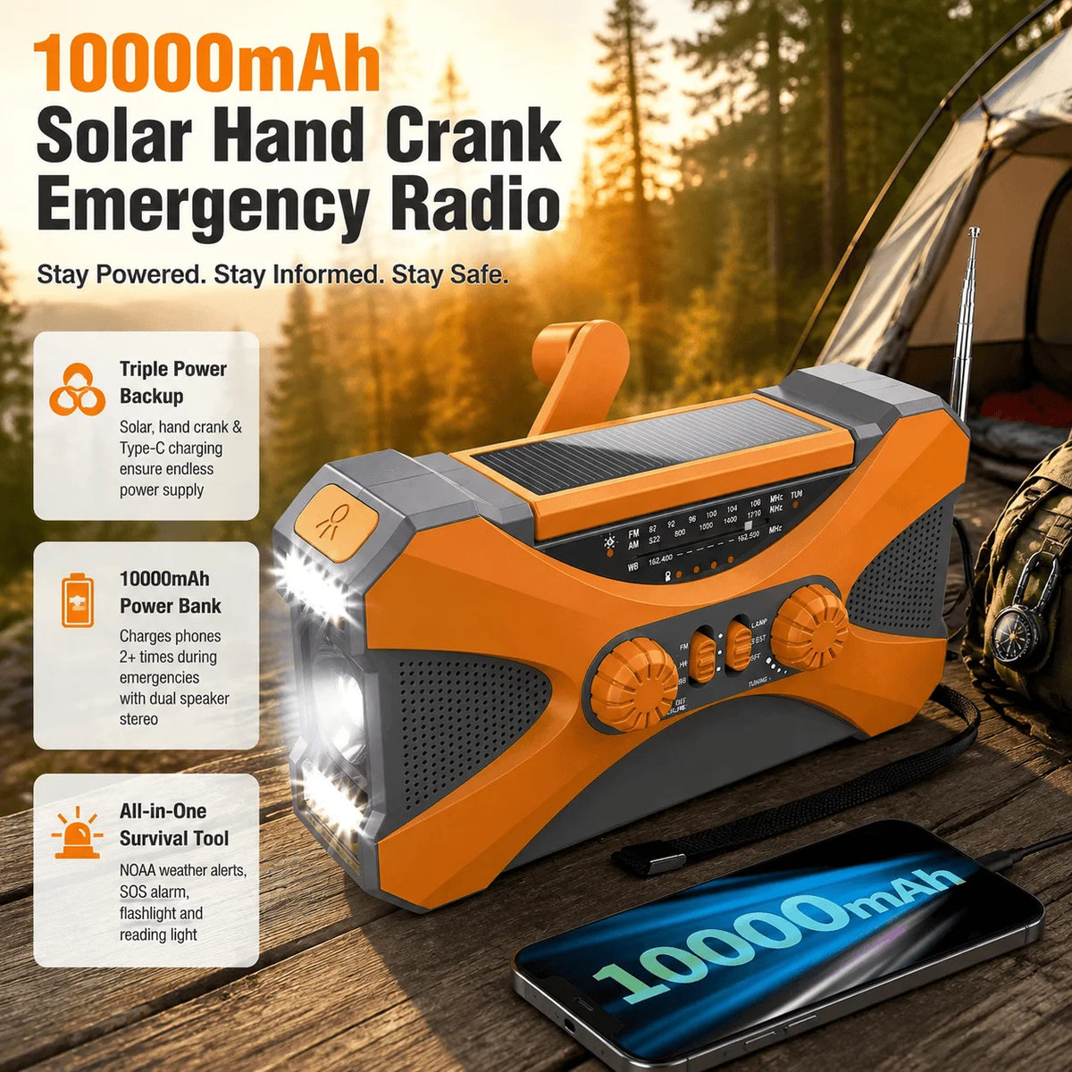 emergency weather radio with power bank orange camping survival tool with 10000mAh battery