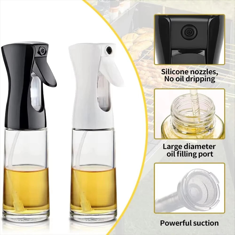 glass olive oil sprayer with silicone nozzles in black and white, featuring no-drip spray pattern for precise cooking oil application