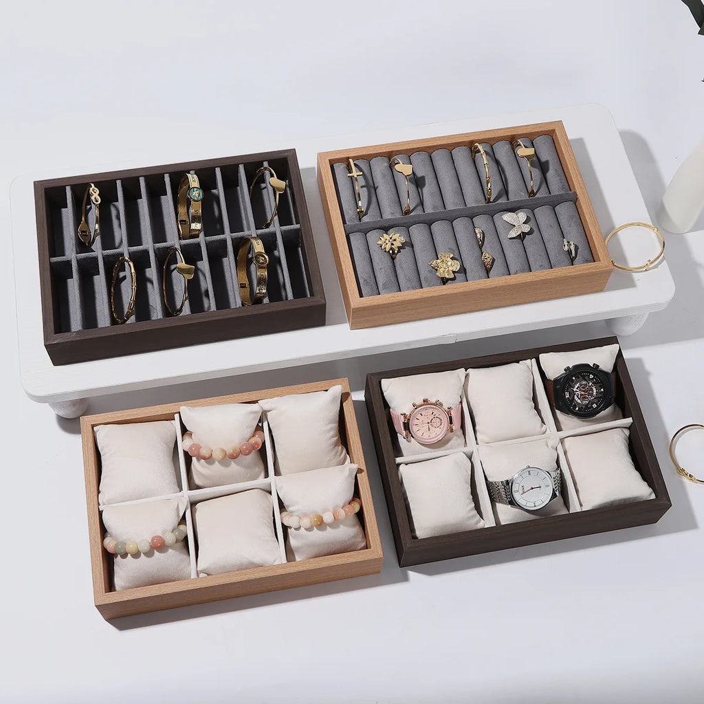 Wooden Velvet Jewelry Tray Organizer Stackable Drawer Insert for Bracelets & Watches For Women Jewelry Storage