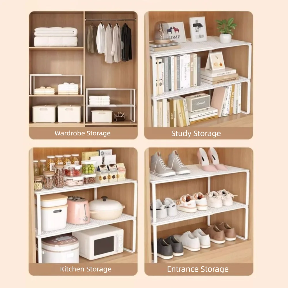 Adjustable Expandable Closet Shelf | Stackable Wardrobe Divider & Cabinet Organizer | Black & White