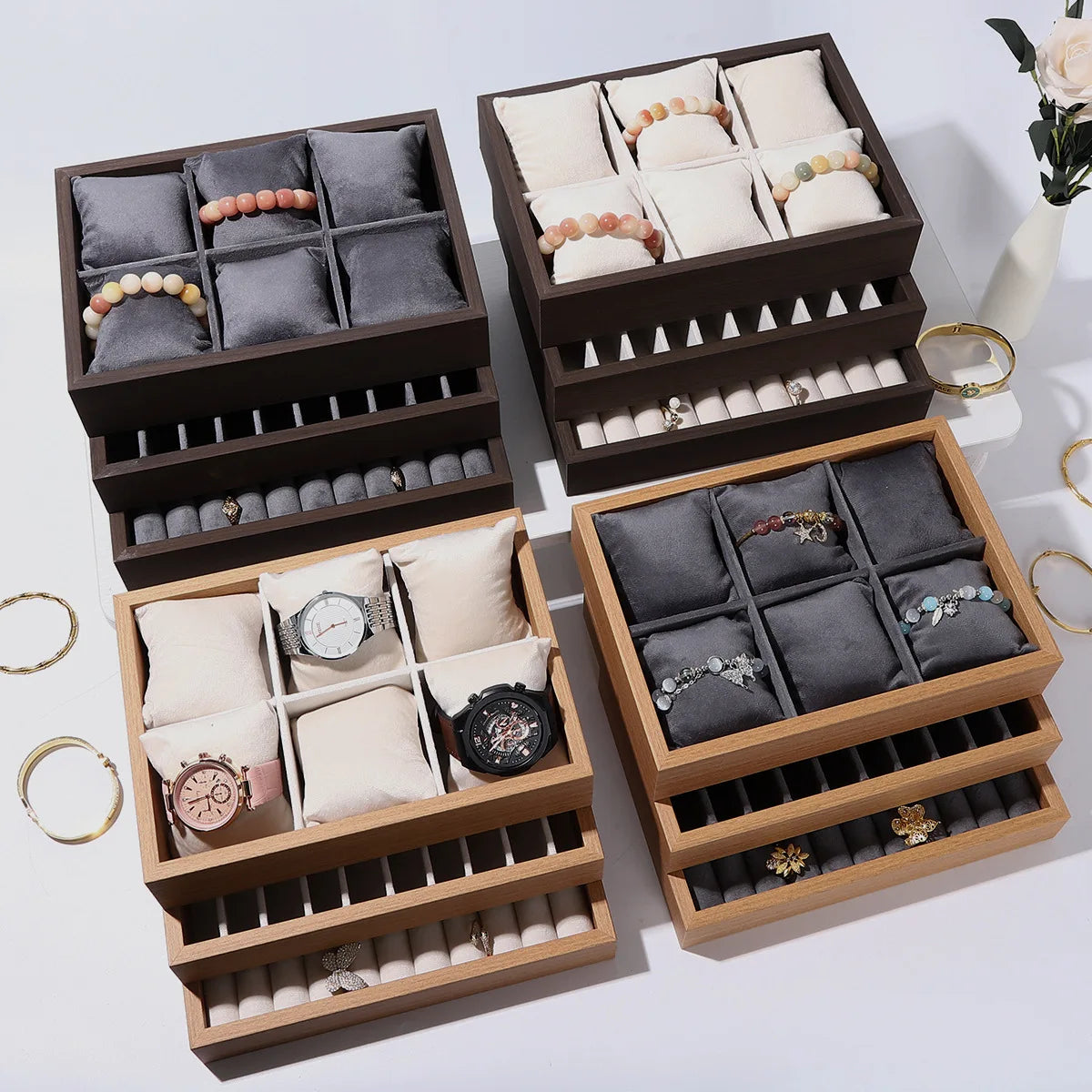 Wooden Velvet Jewelry Tray Organizer Stackable Drawer Insert for Bracelets & Watches For Women Jewelry Storage