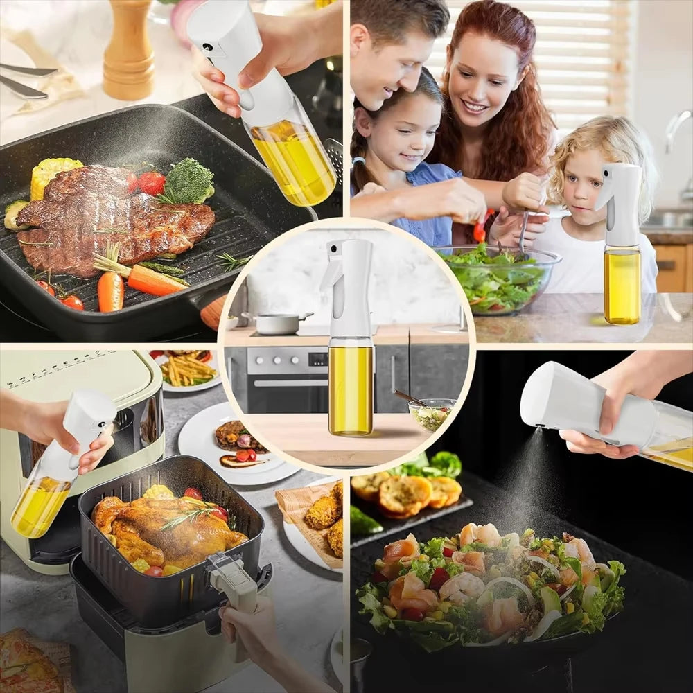 glass olive oil sprayer being used by family to coat pan with vegetables and prepare meals in kitchen