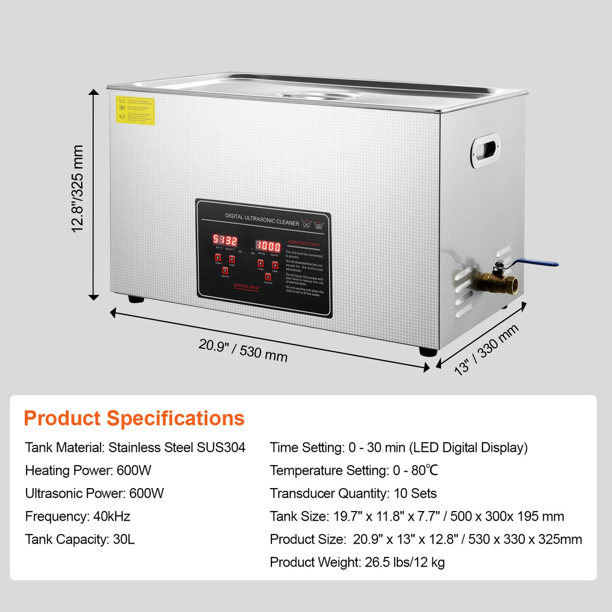 digital ultrasonic cleaner for jewelry showing stainless steel tank with digital control panel and dimension measurements