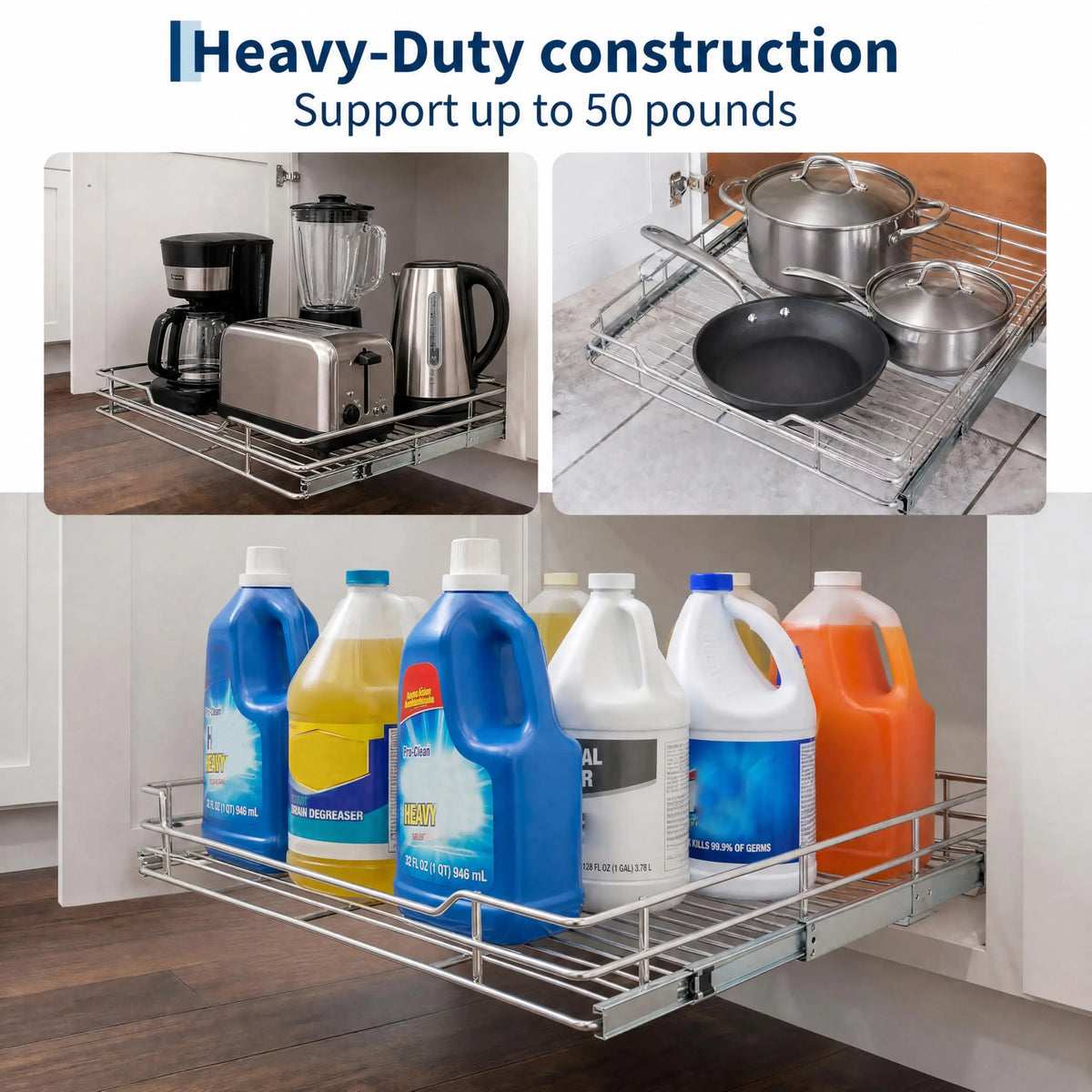 pull-out cabinet organizer holding kitchen appliances, cookware, and cleaning supplies with heavy-duty construction