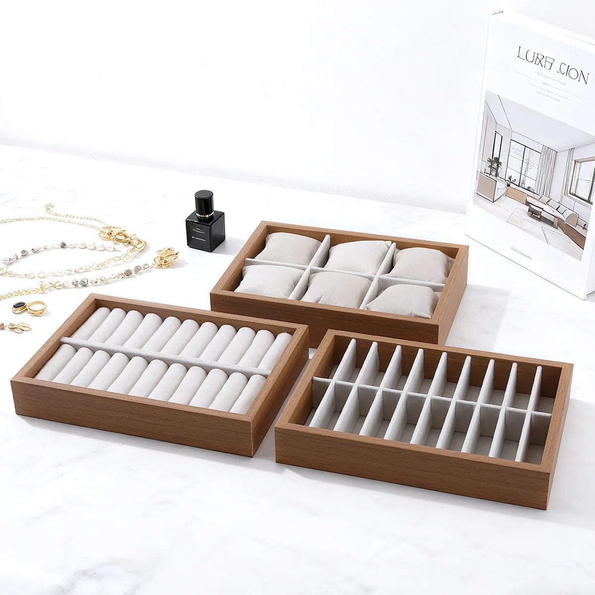 Wooden Velvet Jewelry Tray Organizer Stackable Drawer Insert for Bracelets & Watches For Women Jewelry Storage