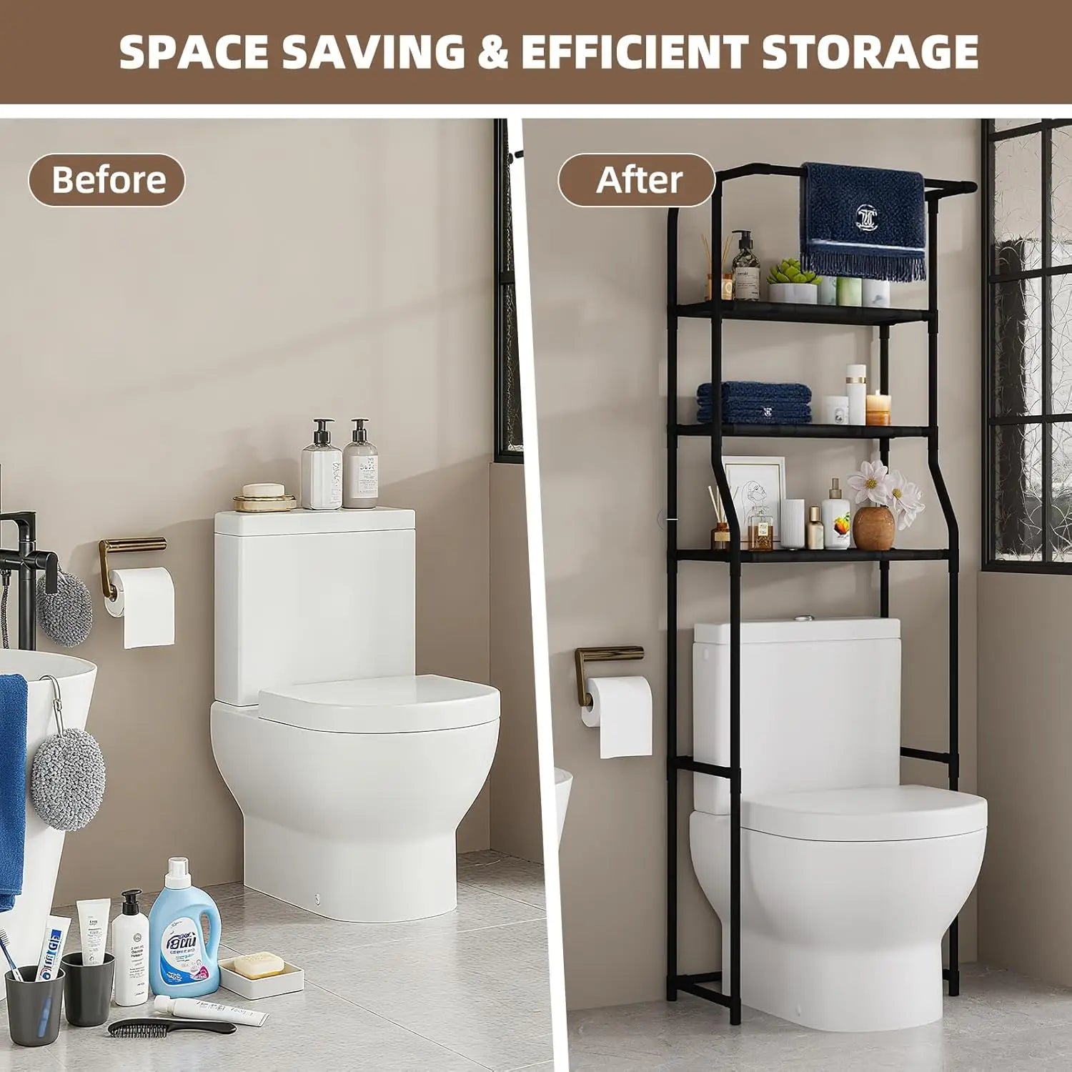 Over The Toilet Storage Shelf 3-Tier Freestanding Bathroom Organizer with Towel Rack Space Saver Cabinet Shelves Unit