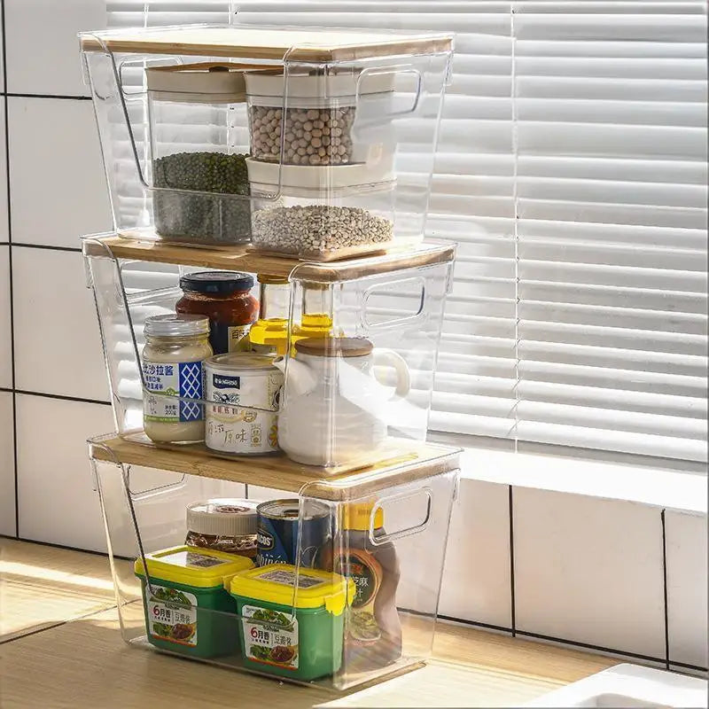 Stackable Pantry Organizers With Wooden Lids Kitchen Storage Clear Bins Under Sink Organizer For Onion Potato Fruit Vegetables