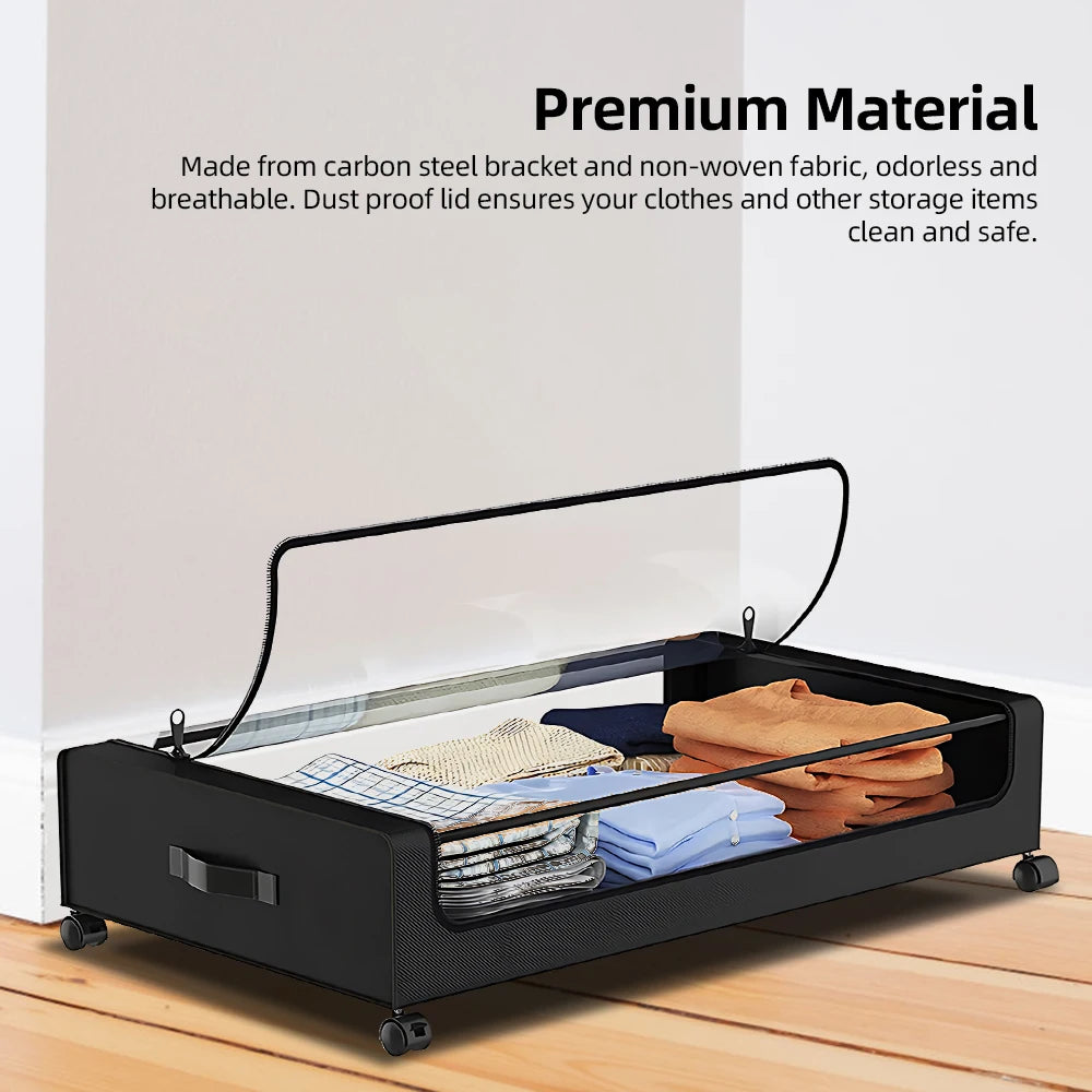 Under-Bed Storage Bins with Lid, Wheels & Clear Window | Grey & Black