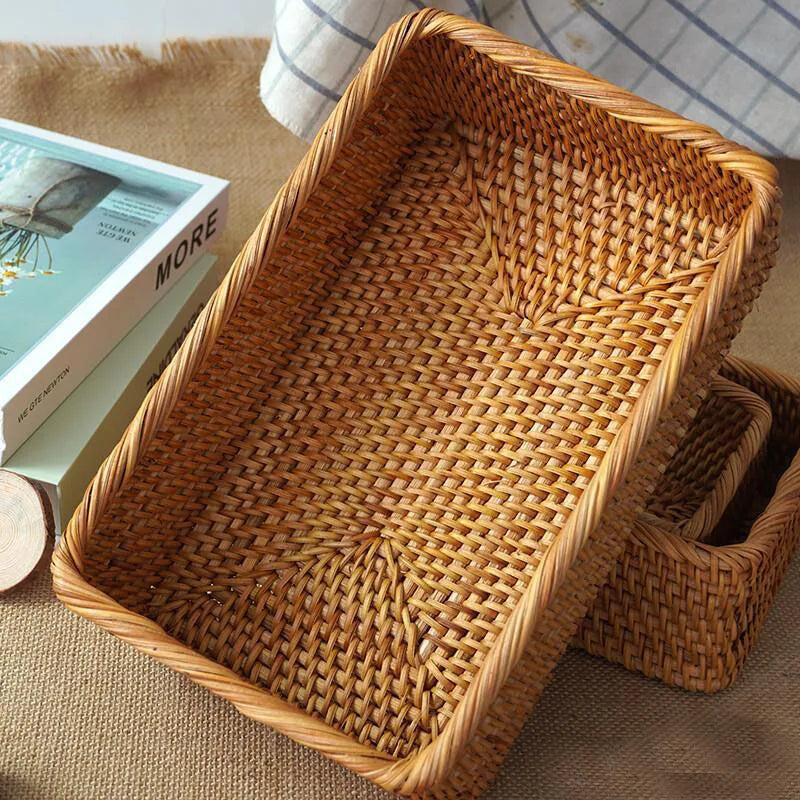 Handwoven Basket Organizer Wicker Basket Rectangular Rattan Basket Storage Tray Bread Fruit Picnic Basket Cosmetic Storage Box