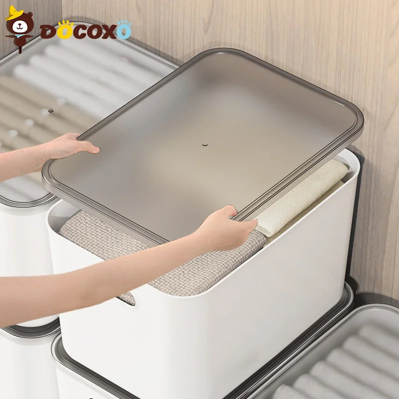 4pcs Stackable Storage Bins with Clear Black Lid Plastic Closet Organizers Box for Home [Size]