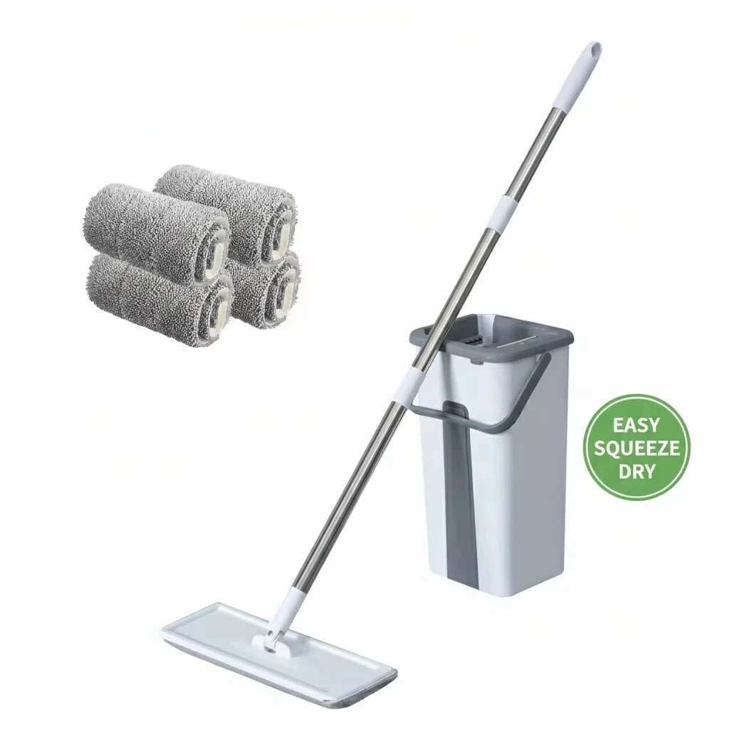 flat mop and bucket set with wringer featuring 360° swivel head, extra microfiber pads and hands-free wash system