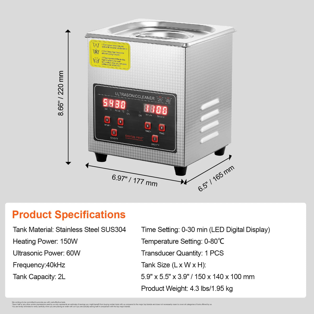 Digital ultrasonic cleaner for jewelry with stainless steel tank, digital display, and heating controls, 2L capacity