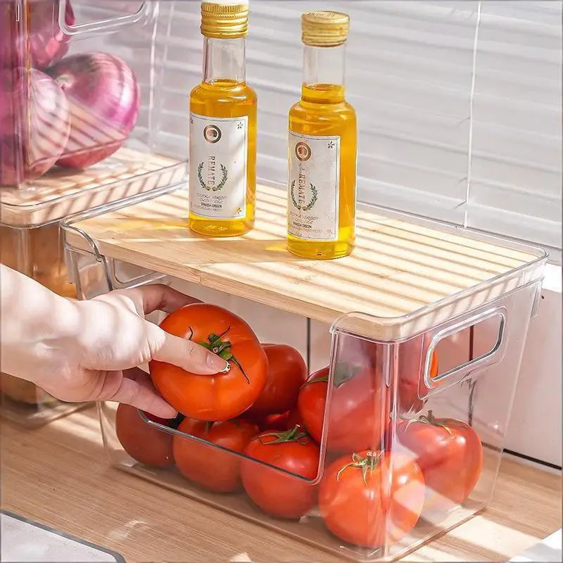 Stackable Pantry Organizers With Wooden Lids Kitchen Storage Clear Bins Under Sink Organizer For Onion Potato Fruit Vegetables