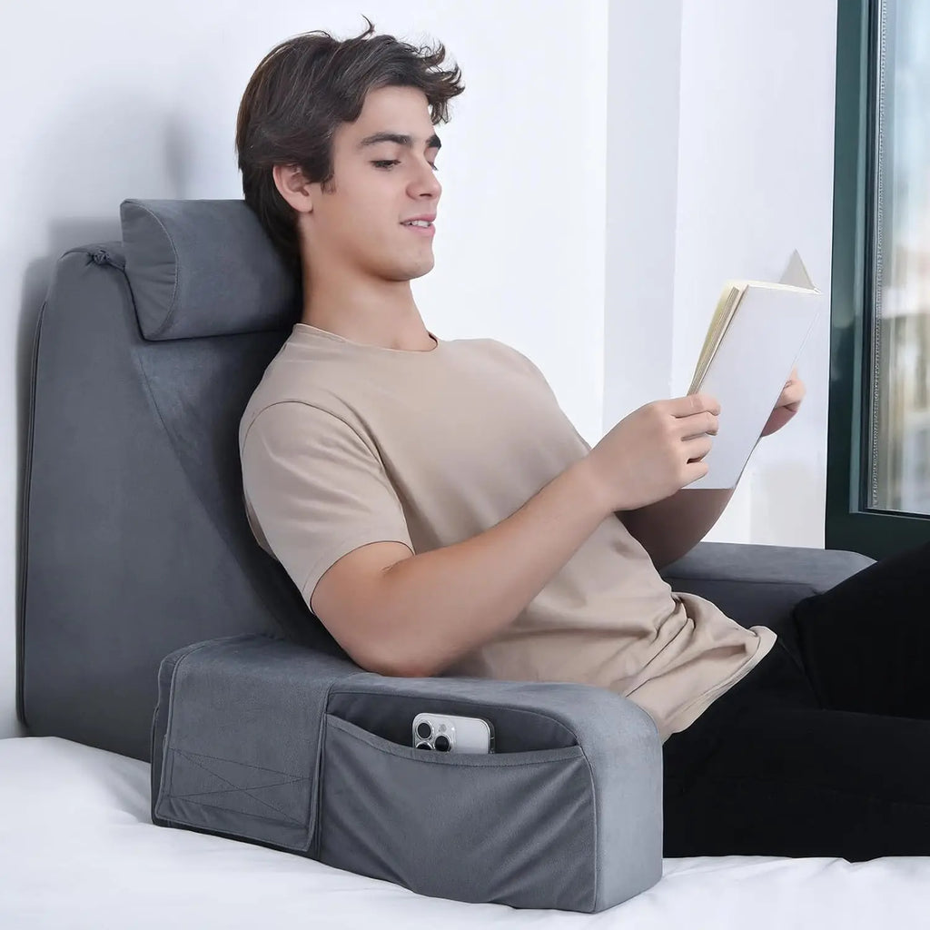Reading Pillow with Armrests & Pockets – 45° Back Support Pillow for Bed