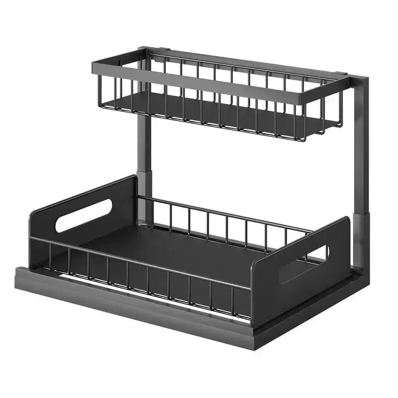 pull-out under-sink organizer with 2-tier black metal baskets, no drilling required for under sink storage