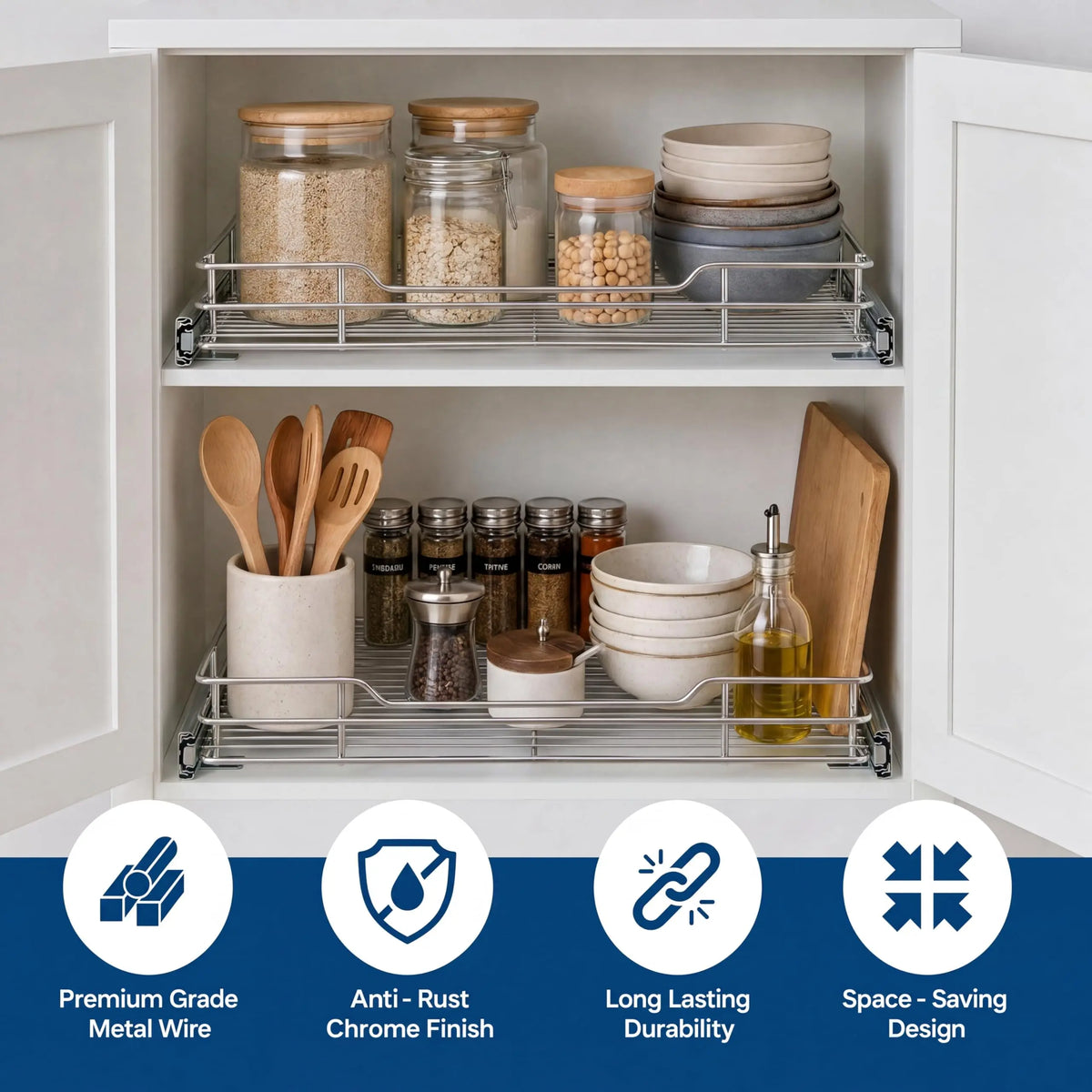 pull-out cabinet organizer with full-extension slide holding glass jars, wooden utensils, bowls, and bottles inside open cabinet