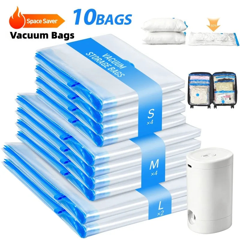 Vacuum storage bags with rechargeable pump 10-pack set in small, medium, and large sizes with white rechargeable pump