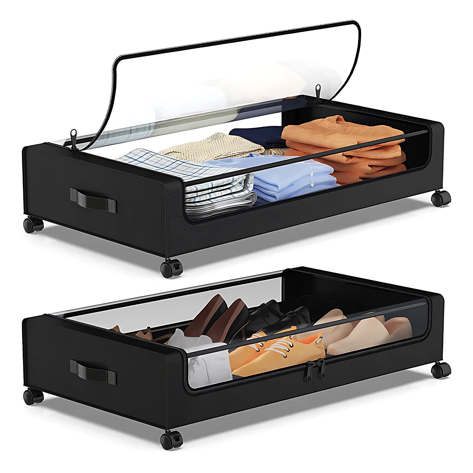 Under-Bed Storage Bins with Lid, Wheels & Clear Window | Grey & Black
