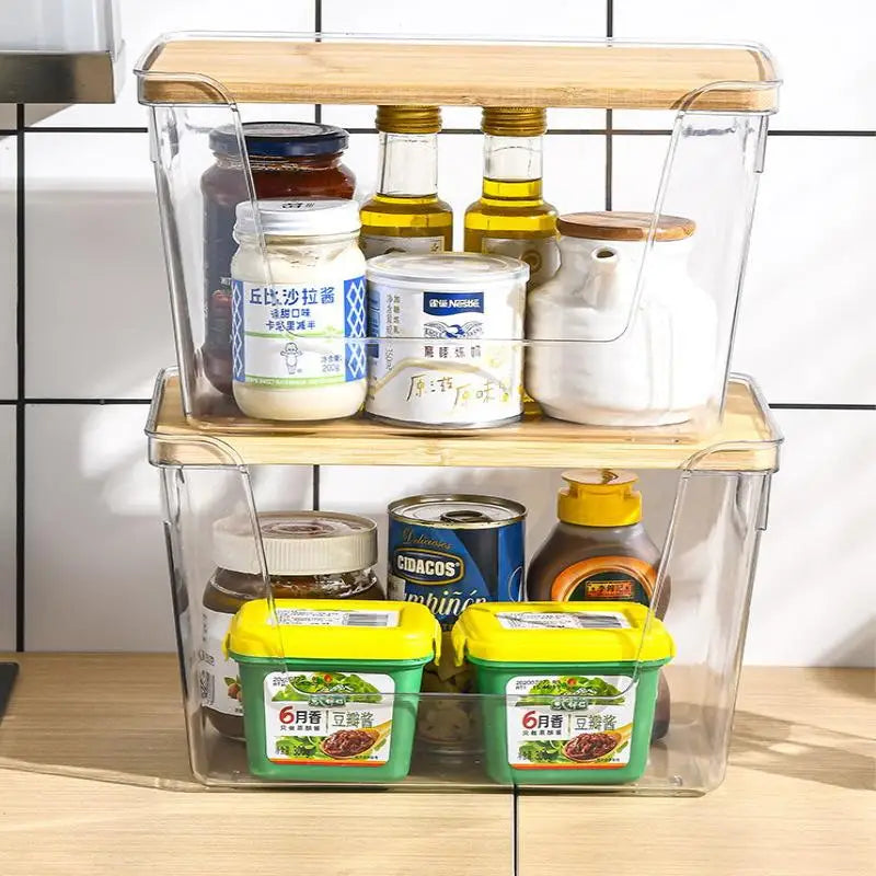 Stackable Pantry Organizers With Wooden Lids Kitchen Storage Clear Bins Under Sink Organizer For Onion Potato Fruit Vegetables