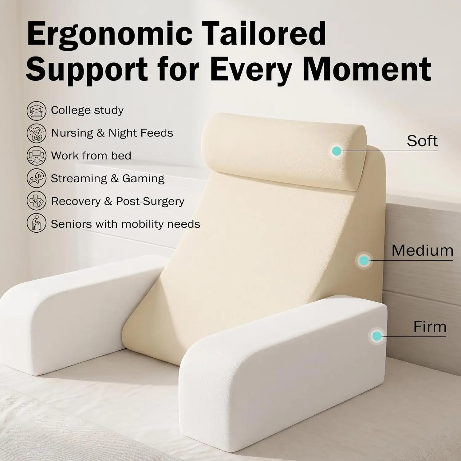 Reading Pillow with Armrests & Pockets – 45° Back Support Pillow for Bed