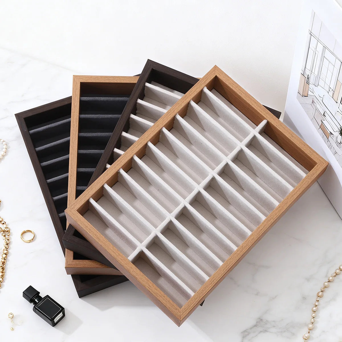 Wooden Velvet Jewelry Tray Organizer Stackable Drawer Insert for Bracelets & Watches For Women Jewelry Storage