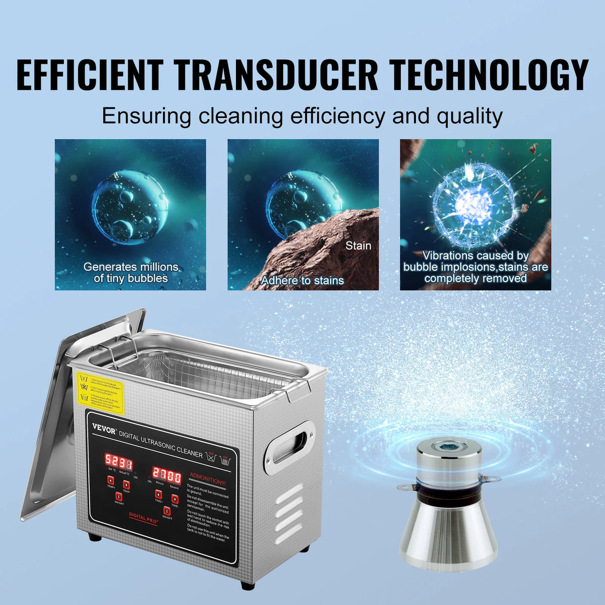 digital ultrasonic cleaner for jewelry showing transducer technology with bubble generation, stain removal, and vibration process for efficient cleaning