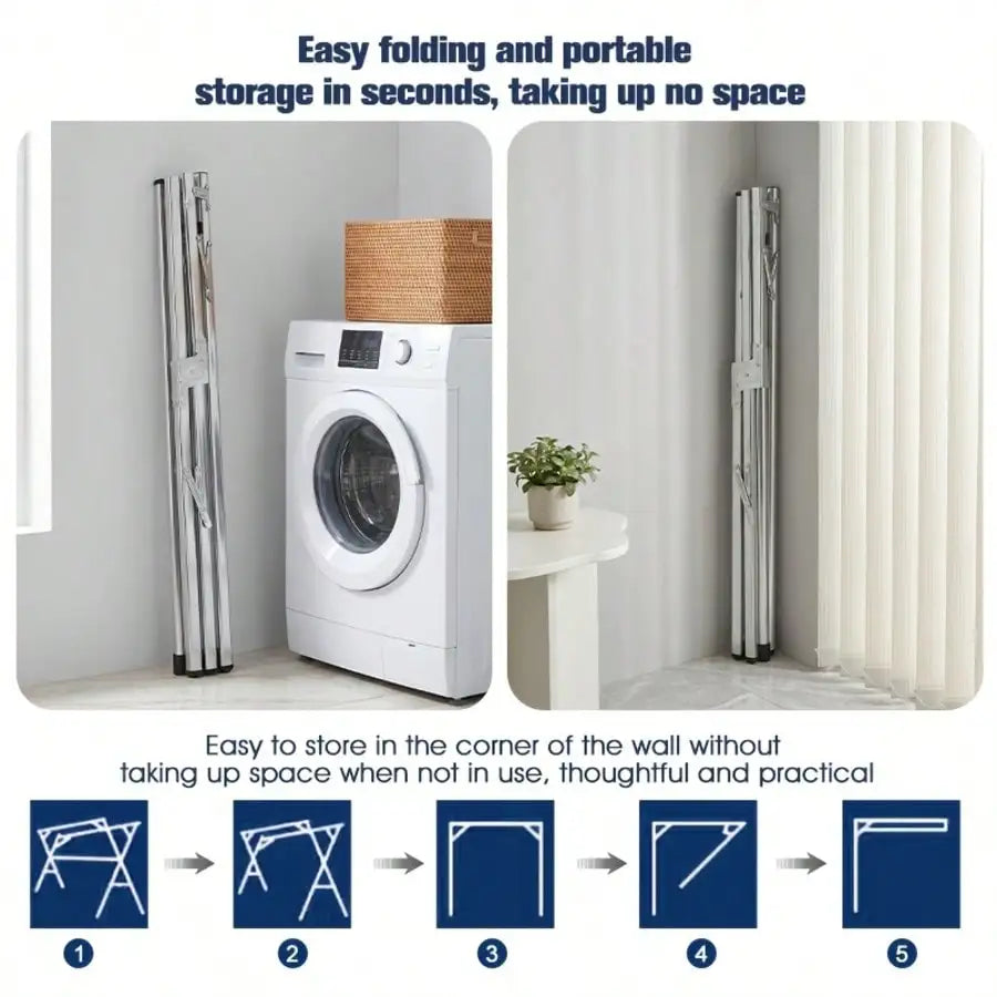 foldable stainless steel drying rack shown folded and unfolded next to washing machine for easy storage and portability