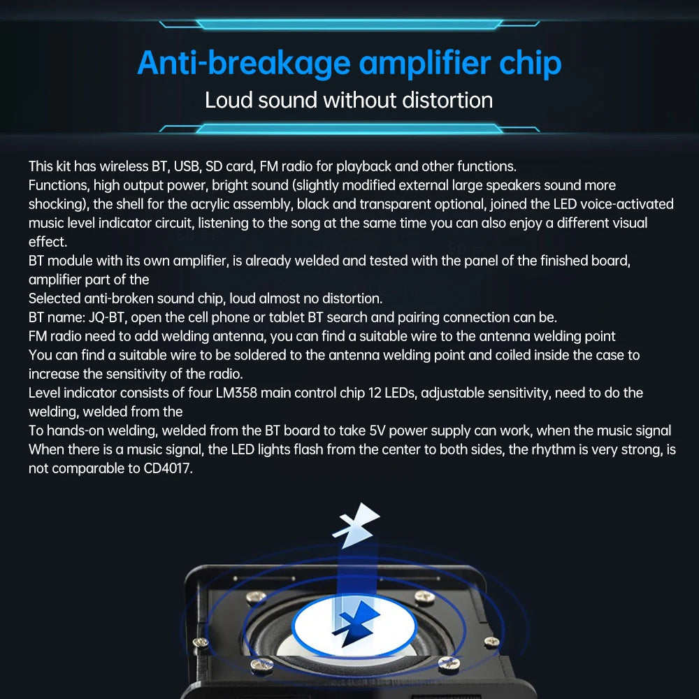 Bluetooth 5.0 Speaker DIY Kit – FM Radio, 12-LED Level Indicator, USB/SD Playback, Remote Control