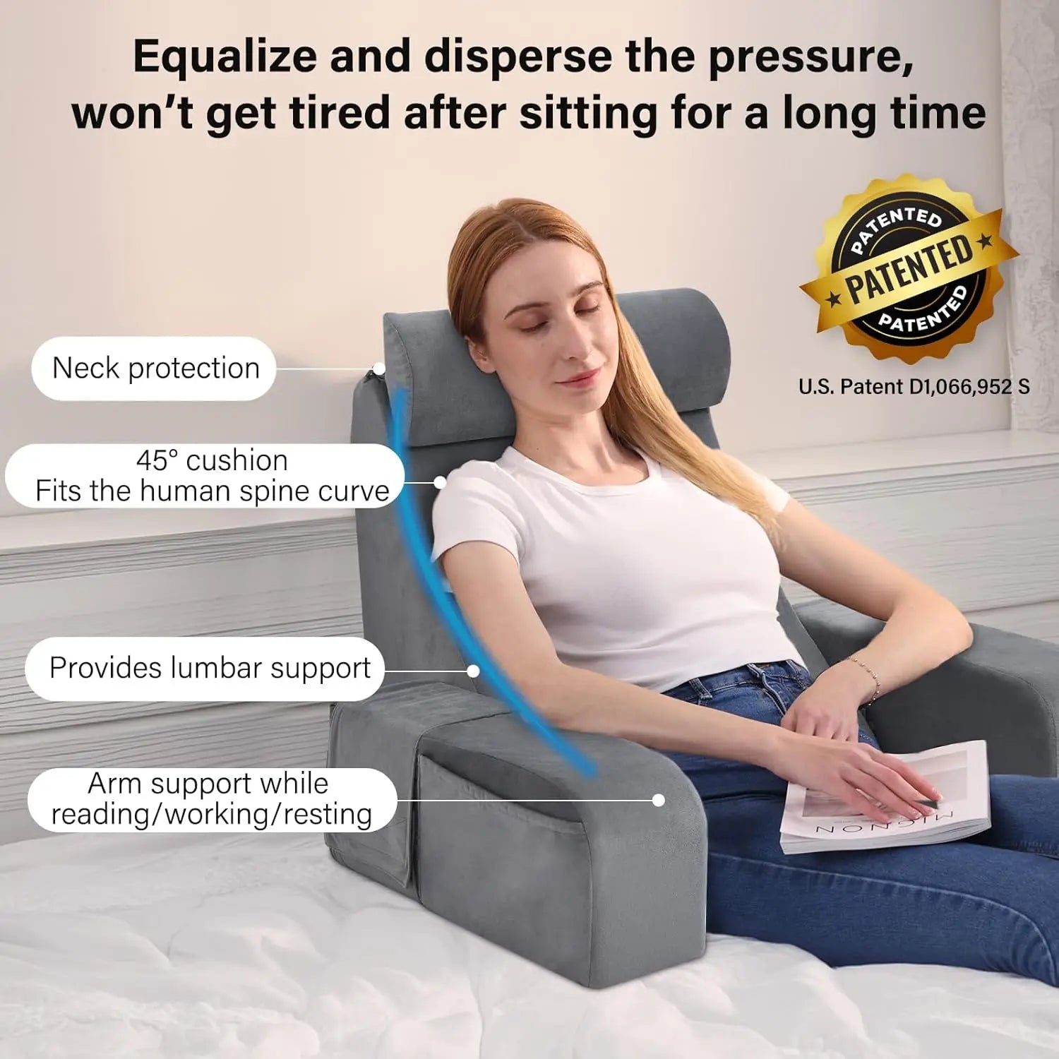 Reading Pillow with Armrests & Pockets – 45° Back Support Pillow for Bed