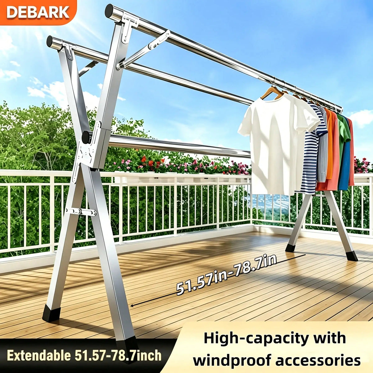foldable stainless steel drying rack with adjustable height 51.57-78.7in, outdoor clothes hanging rack