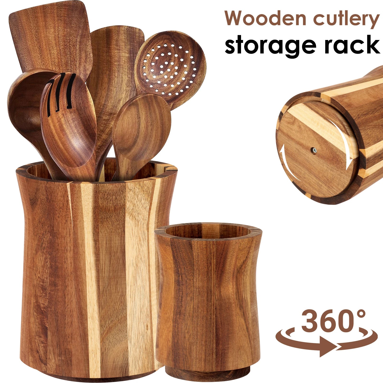 360° Rotating Acacia Wood Utensil Holder – Countertop Kitchen Tool Organizer