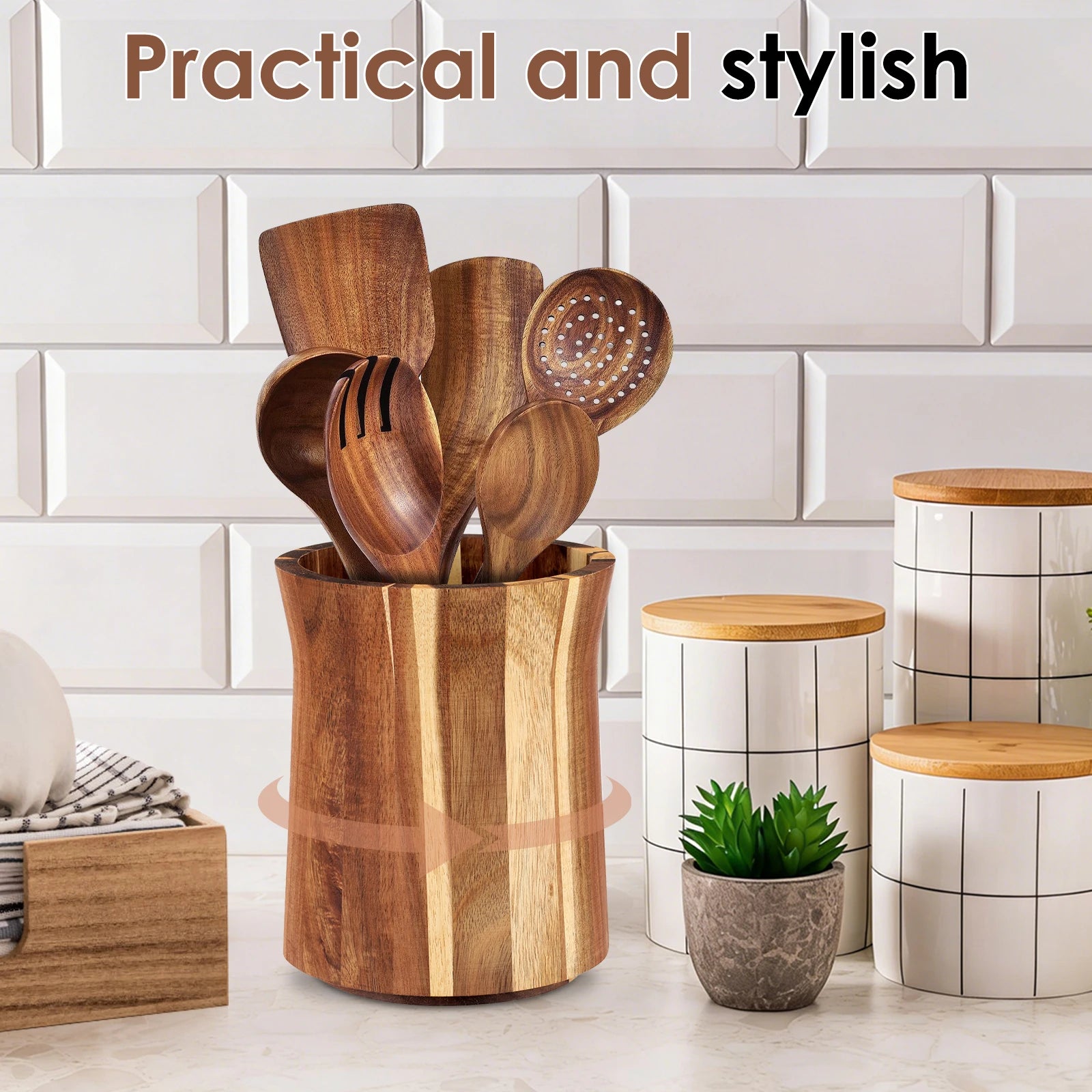 360° Rotating Acacia Wood Utensil Holder – Countertop Kitchen Tool Organizer