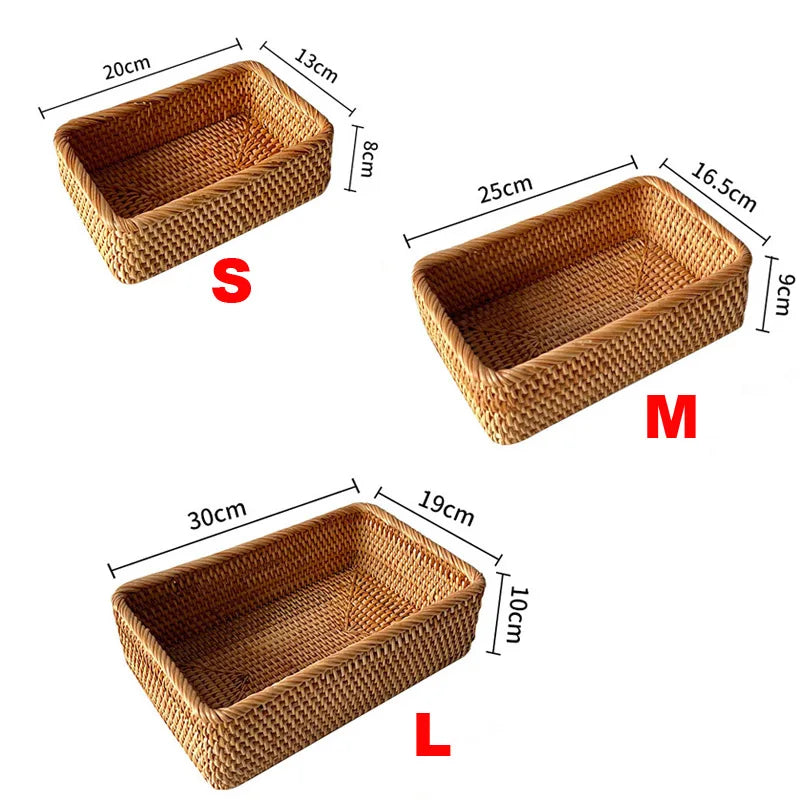 Handwoven Rattan Storage Basket | Rectangular Wicker Organizer Tray