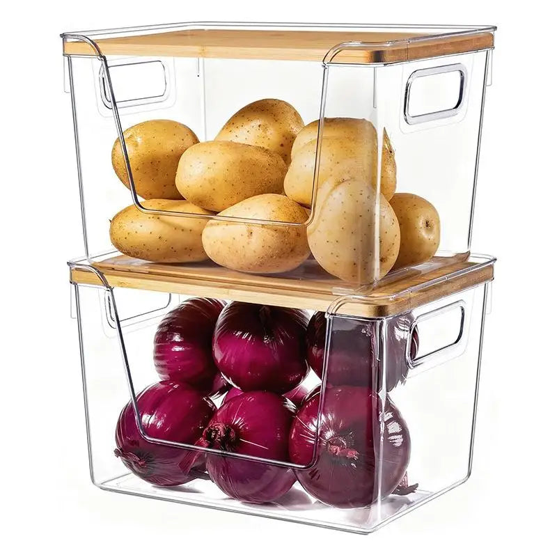 Stackable Pantry Organizers With Wooden Lids Kitchen Storage Clear Bins Under Sink Organizer For Onion Potato Fruit Vegetables