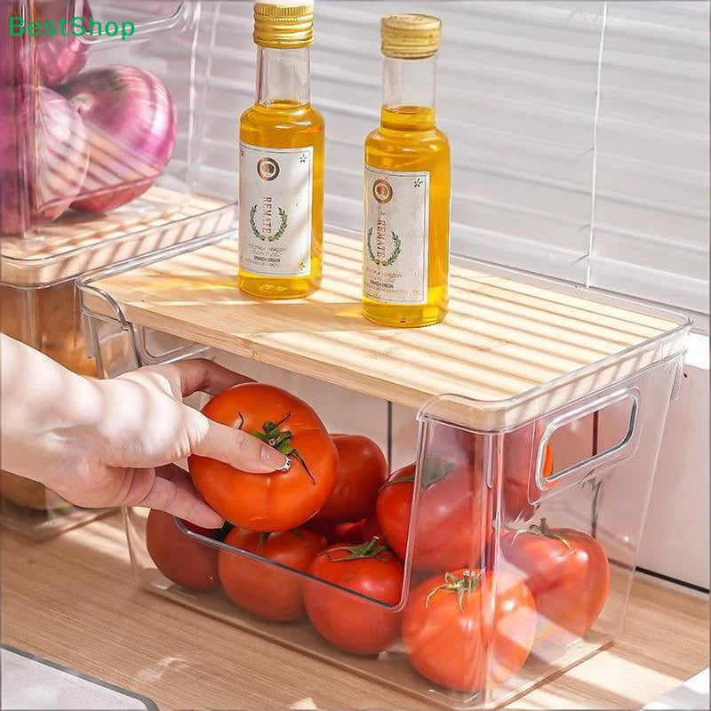 Stackable Pantry Organizers With Wooden Lids Kitchen Storage Clear Bins Under Sink Organizer For Onion Potato Fruit Vegetables