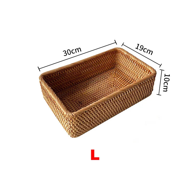 Handwoven Rattan Storage Basket | Rectangular Wicker Organizer Tray