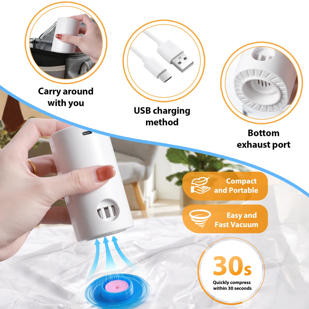 vacuum storage bags with rechargeable pump portable white device shown with USB charging cable and exhaust port