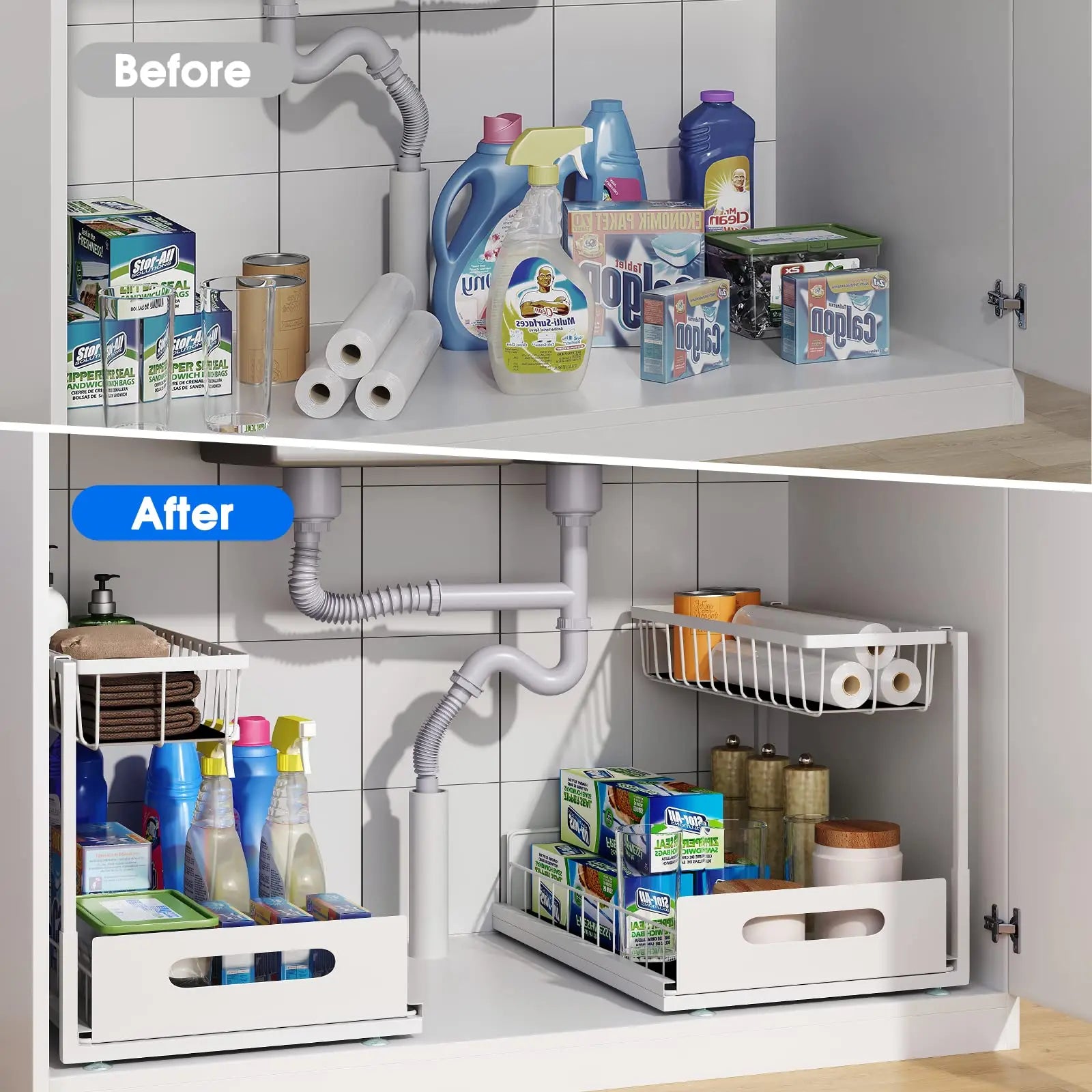 Under Sink Organizer – 2-Tier Sliding Pull-Out Cabinet Basket for Kitchen & Bathroom