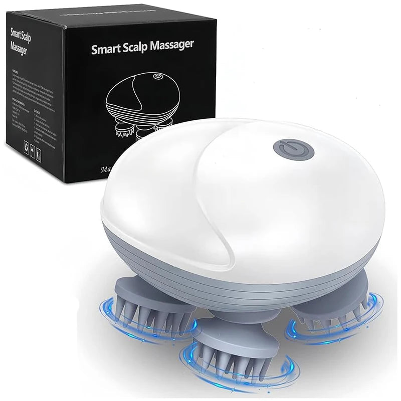 waterproof electric scalp massager with 3 massage modes shown in product packaging
