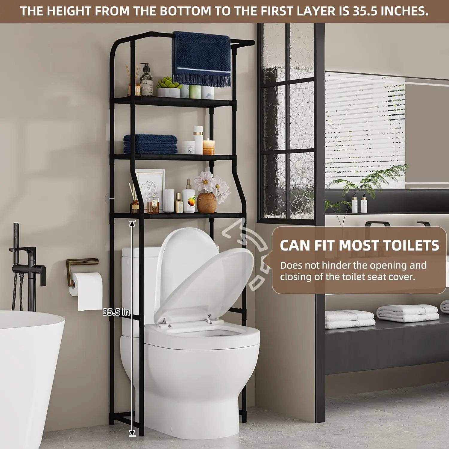 Over The Toilet Storage Shelf 3-Tier Freestanding Bathroom Organizer with Towel Rack Space Saver Cabinet Shelves Unit