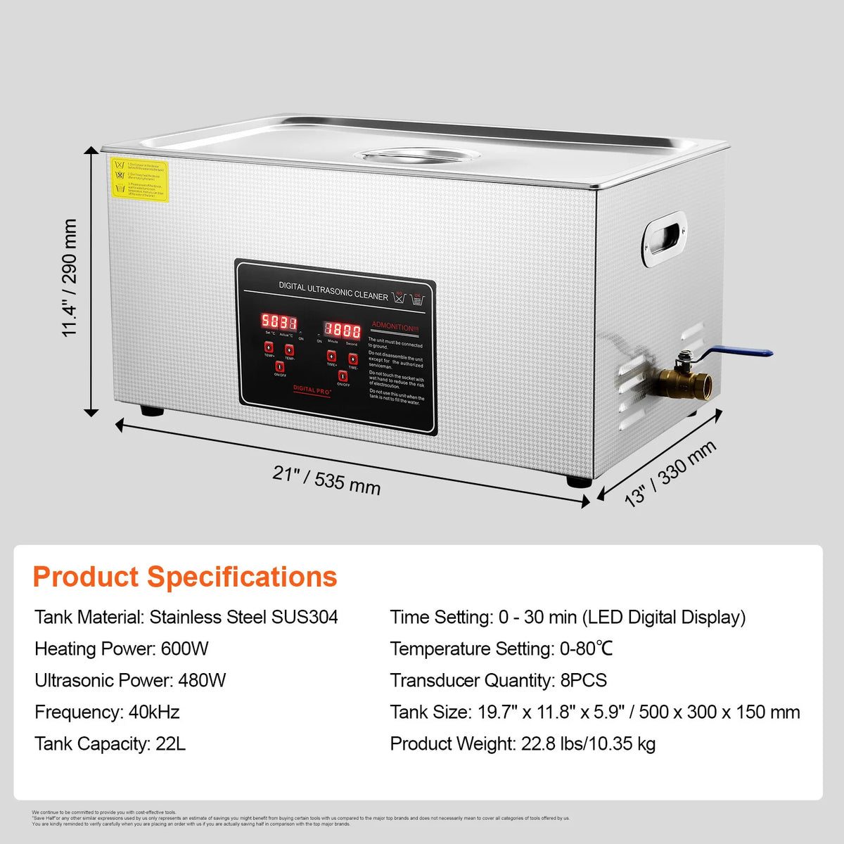 Digital ultrasonic cleaner for jewelry with stainless steel tank, digital display, and specifications showing 22-liter capacity and 40kHz cleaning power