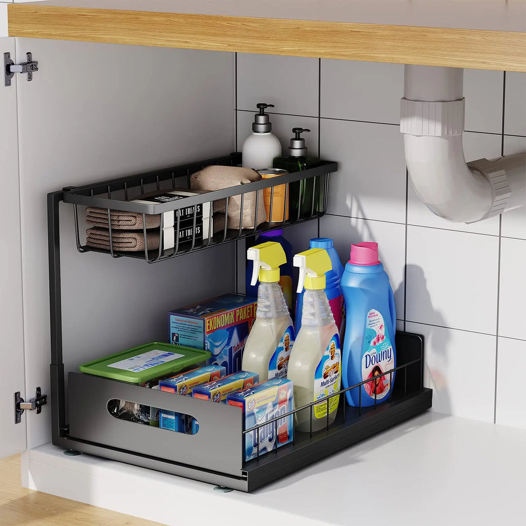 Under Sink Organizer – 2-Tier Sliding Pull-Out Cabinet Basket for Kitchen & Bathroom