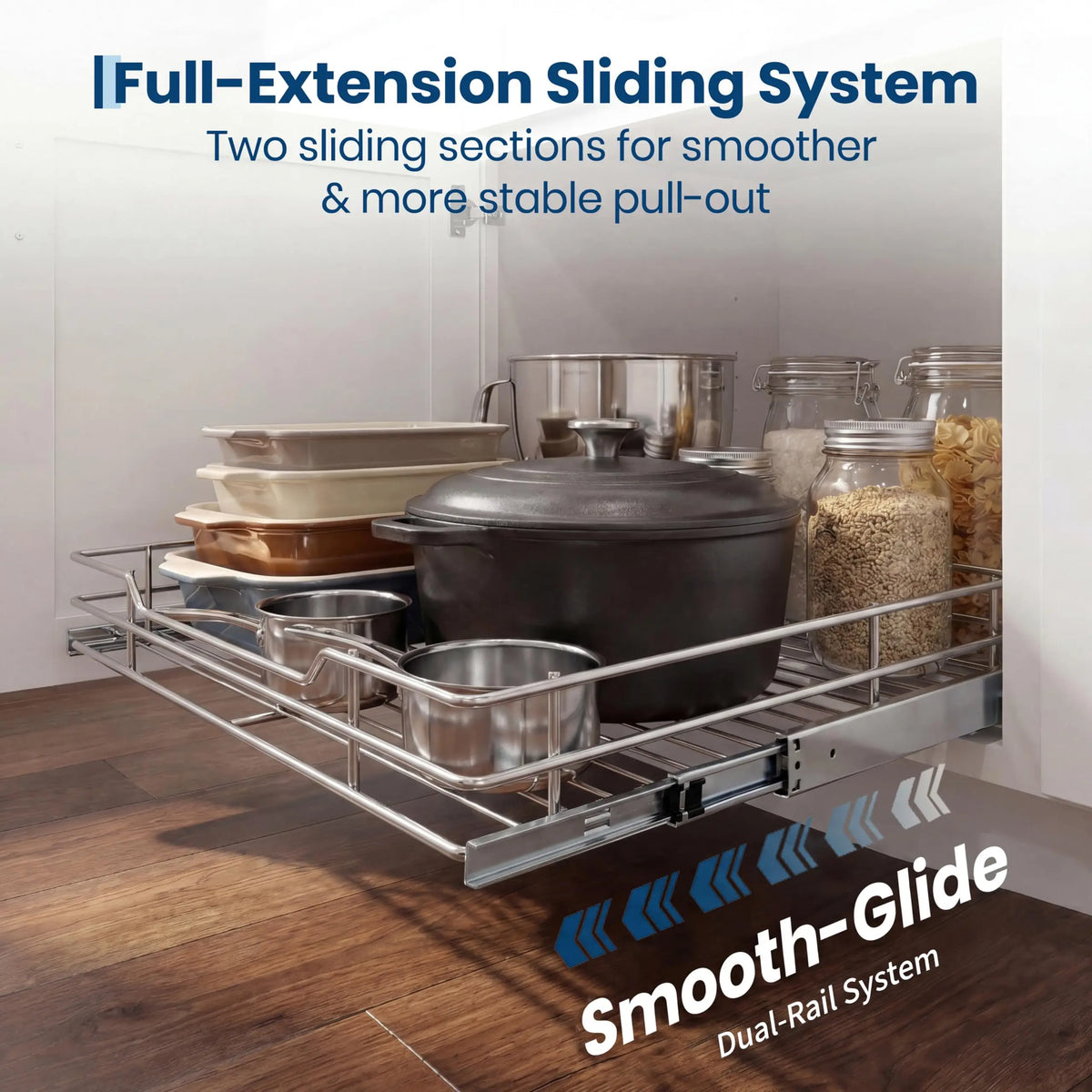 pull-out cabinet organizer with full-extension sliding system displaying cookware, pans, and storage containers pulled forward in cabinet