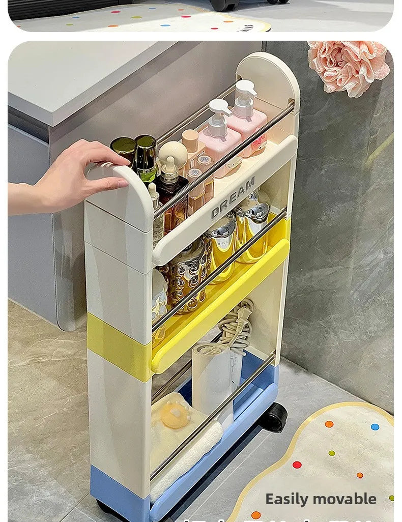 Multi-Tier Bathroom Floor Shelf Adjustable 5-Layer Shower Organizer with Wheels Space-Saving Storage Rack for Kitchen Essentials