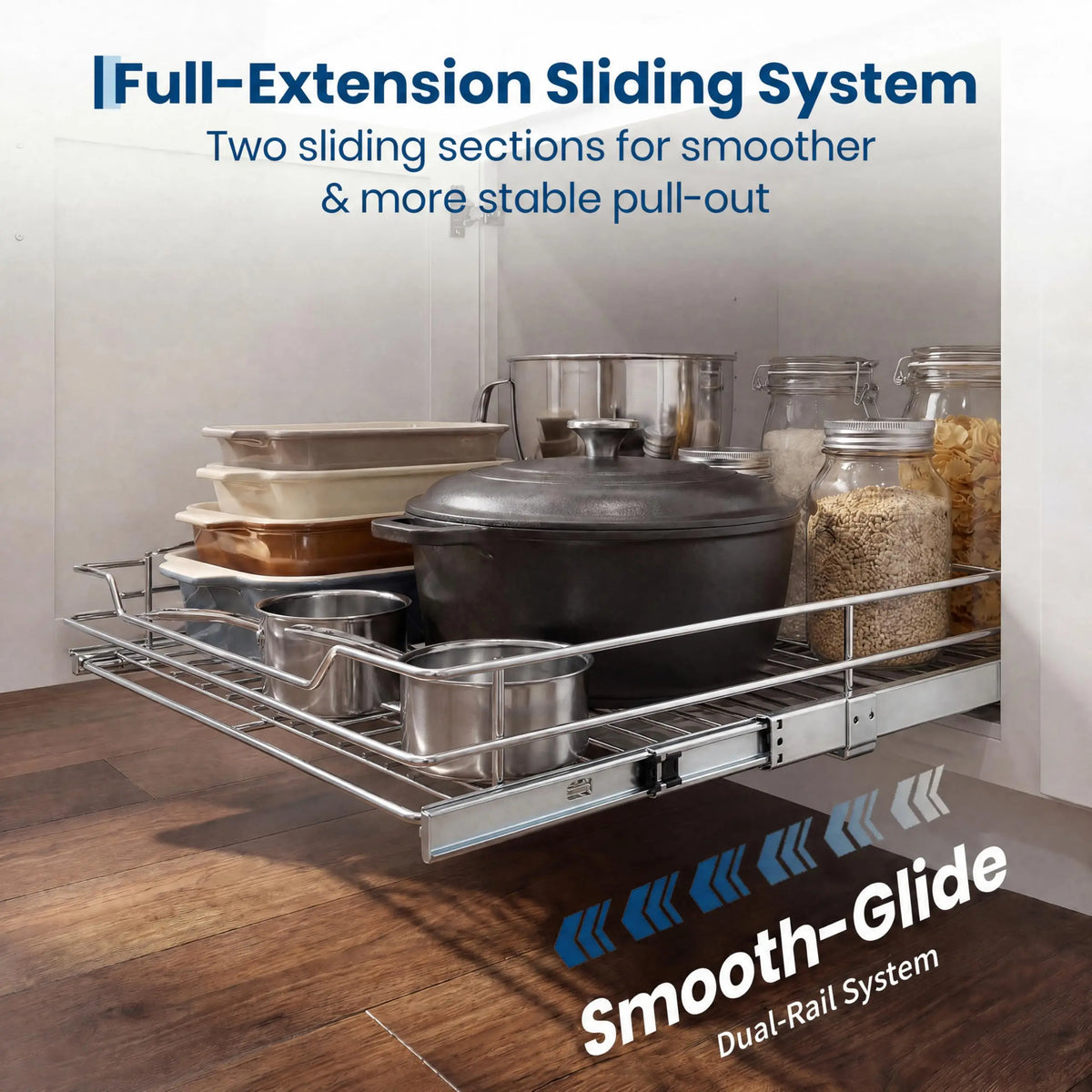 pull-out cabinet organizer with full-extension sliding system displaying cookware and storage containers inside cabinet